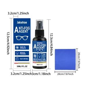 Anti-fog spray kit dimensions showing 30ml bottle, box and microfiber cloth sizes