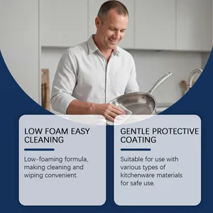 Man cleaning stainless steel pan with kitchen degreaser showing low foam feature