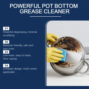 Action shot showing the powerful degreasing effect on a burnt stainless steel pot.