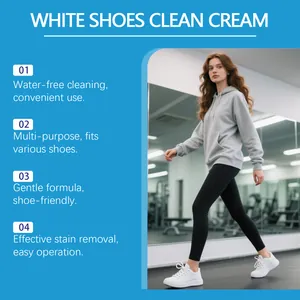 Model wearing white sneakers in a gym showing white shoe cleaning cream benefits
