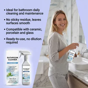 Vue détaillée du spray nettoyant moussant pour salle de bain avec liste de caractéristiques.