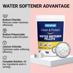 Detailansicht der Jakehoe Wasserenthärter-Pellets mit Textur und Inhaltsstoffliste