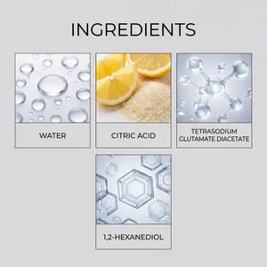 Scomposizione visiva degli ingredienti del decalcificante tra cui acqua e acido.