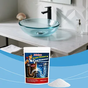 Close-up of JAKEHOE drain cleaner pouch with bathroom sink background