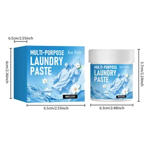 Detailed dimensions of 100g Jue Fish multi-purpose laundry paste in box and jar