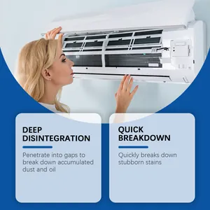 Detail showing air conditioner cleaner breaking down dust and stains in tight gaps.