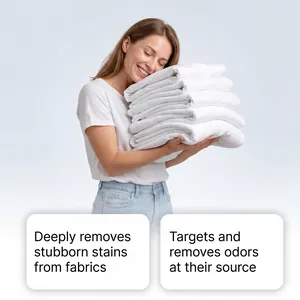 Woman holding clean white laundry showing deep stain and odor removal effects