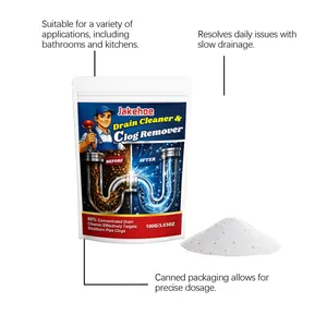 Detailed macro view of Jakehoe drain cleaner powder and 100g packaging for pipe clogs