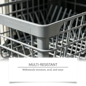 Close-up view of a grey dishwasher basket corner showing its durable multi-resistant coating