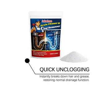 Jakehoe drain cleaner powder showing quick unclogging effect on pipes and grease