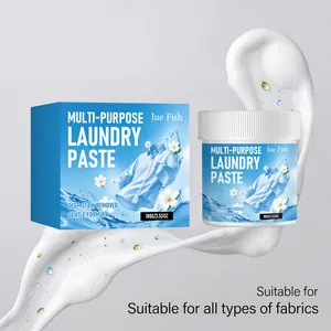 Detailed view of Jue Fish multi-purpose laundry paste packaging with white foam splash