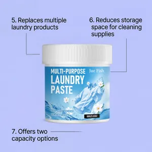 Detail showing Jue Fish multi-purpose laundry paste features and advantages