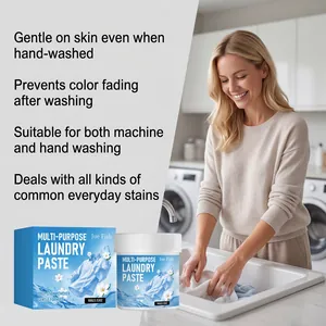 Woman hand-washing clothes with gentle Jue Fish laundry paste in a bright laundry room.