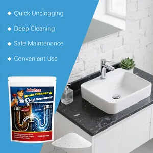 Effective Jakehoe drain cleaner powder shown in a clean bathroom sink environment.