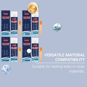 Detail of JUE FISH leak repair compound showing versatile compatibility with four colors.