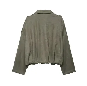 Back view of women's vintage olive green faux suede bomber jacket with casual loose fit