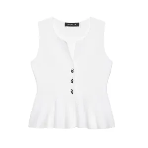 Damen Ärmellos Strickweste Einfarbig Peplum Taille Metallknopf V Ausschnitt Slim Fit Nische Designer Stil Weiß Strickwaren Top