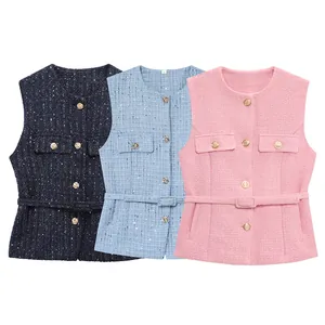 Gilet Élégant en Tweed pour Femmes Haut Avec Ceinture Fil Métallisé Col Rond Sans Manches Gilet Mode Décontractée Bureau