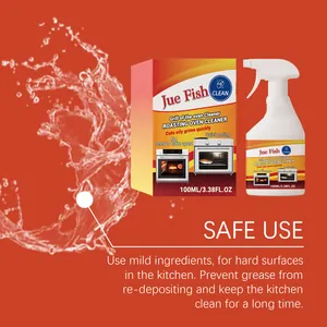 Close-up of Jue Fish roasting oven cleaner spray bottle with safety instructions