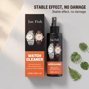 Detailed macro view of Jue Fish 100ml watch cleaner spray bottle and its packaging box
