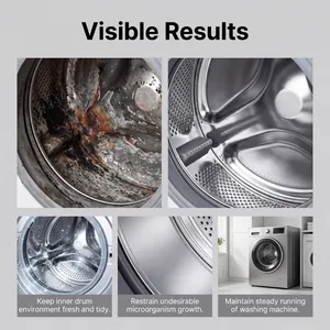 Before and after results showing effective cleaning of washing machine drum with cleaner tablets.