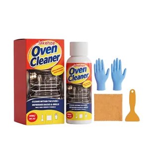 Jakehoe 120ml oven cleaner kit including spray, blue gloves, cloth, and scraper.