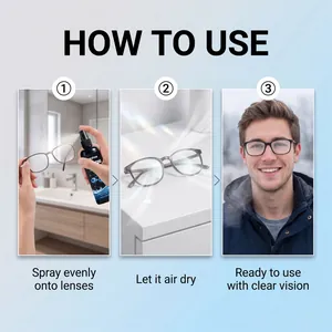 Detailed three-step instruction guide for using JAKEHOE anti-fog spray on eyeglass lenses