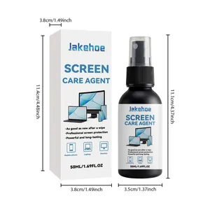 JAKEHOE screen cleaner spray 50ml with dimensions and protective packaging details.