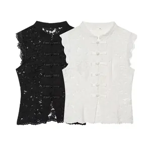 Damen Ärmelloses Spitzentop Neuer Chinesischer Stil Stehkragen Froschknopf Durchbrochene Blumenstickerei Slim Fit Weste Bluse