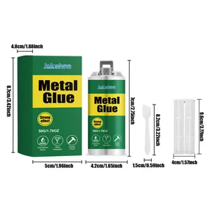 Dimensions guide for JAKEHOE 50g metal glue kit including spatula and mixing nozzles.