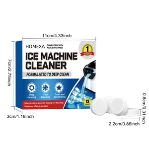 Product dimensions of HOMEXA ice machine cleaning tablets and 12-count supply box package