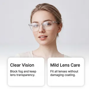 Close-up showing effectiveness of anti-fog spray on clear eyewear lenses for clarity