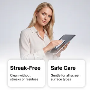 Blonde woman cleaning tablet screen with microfiber cloth for streak-free safe care results