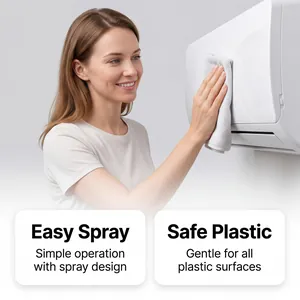 Femme nettoyant une surface de climatiseur en plastique blanc avec un spray restaurateur