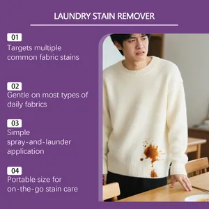 Detailed features of laundry stain remover with model showing a coffee stain on a white sweater
