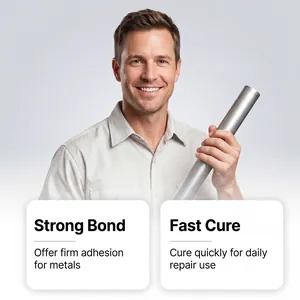 Professional metal repair glue showing strong bond and fast cure features for metal