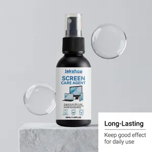 Jakehoe screen care agent spray bottle on a stone pedestal with floating glass bubbles