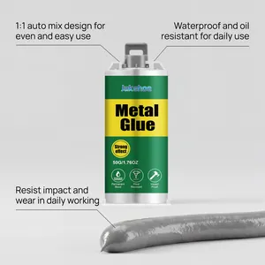 Jakehoe heavy duty metal repair glue showing 1:1 auto mix design and grey adhesive texture