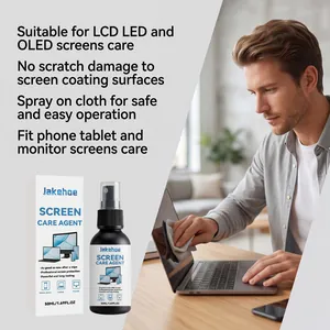 Professional JAKEHOE screen cleaning agent shown in use on a laptop monitor screen