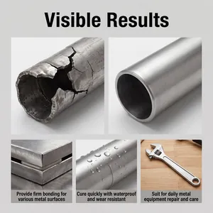 Before and after comparison of metal pipe repair using industrial waterproof glue.