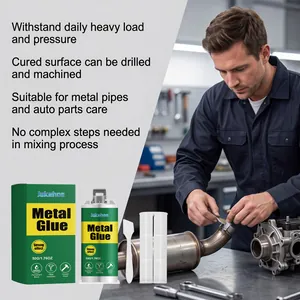 Man applying Jakehoe high-strength metal repair glue to an exhaust pipe in a workshop