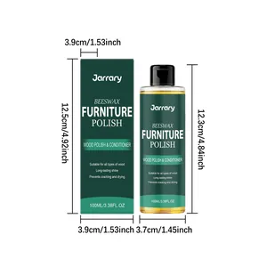 Dimensiones detalladas del frasco de cera para muebles Jarrary 100ml y caja de empaque.