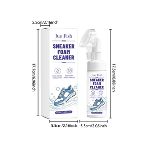 Dimensions of 100ml Jue Fish sneaker foam cleaner with built-in brush head and packaging