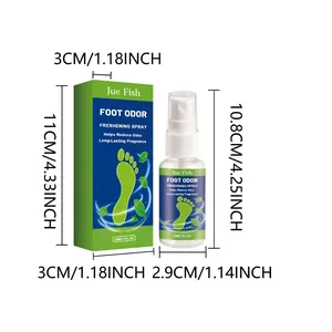 Detail view of 30ml Jue Fish foot odor spray with product dimensions in inches