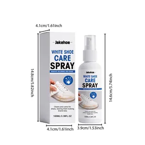 Weiße Schuhreinigungs-Sprühflasche und Box mit detaillierten Maßen für 100ml Produkt