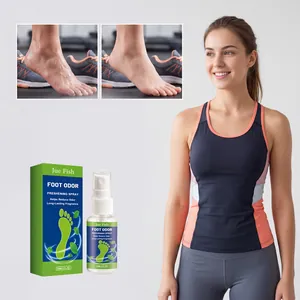 Detail showing Jue Fish Foot Odor Spray bottle, packaging, and before-after foot effect