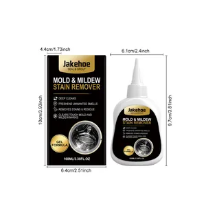 Gel eliminador de moho Jakehoe 100ml frasco y caja con dimensiones detalladas