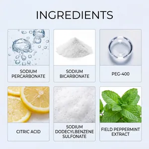 Detail showing ingredients of drain cleaning tablets including mint and lemon extracts