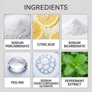 Detailed ingredient list showing sodium percarbonate and peppermint extract for cleaning tablets