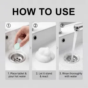 Three-step instruction guide for sewer deodorizing effervescent tablets in a sink